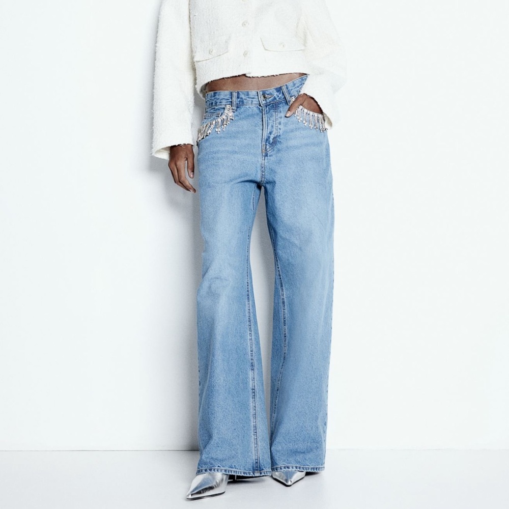 H&M rhinestone decorated wide leg jeans Blue NWT